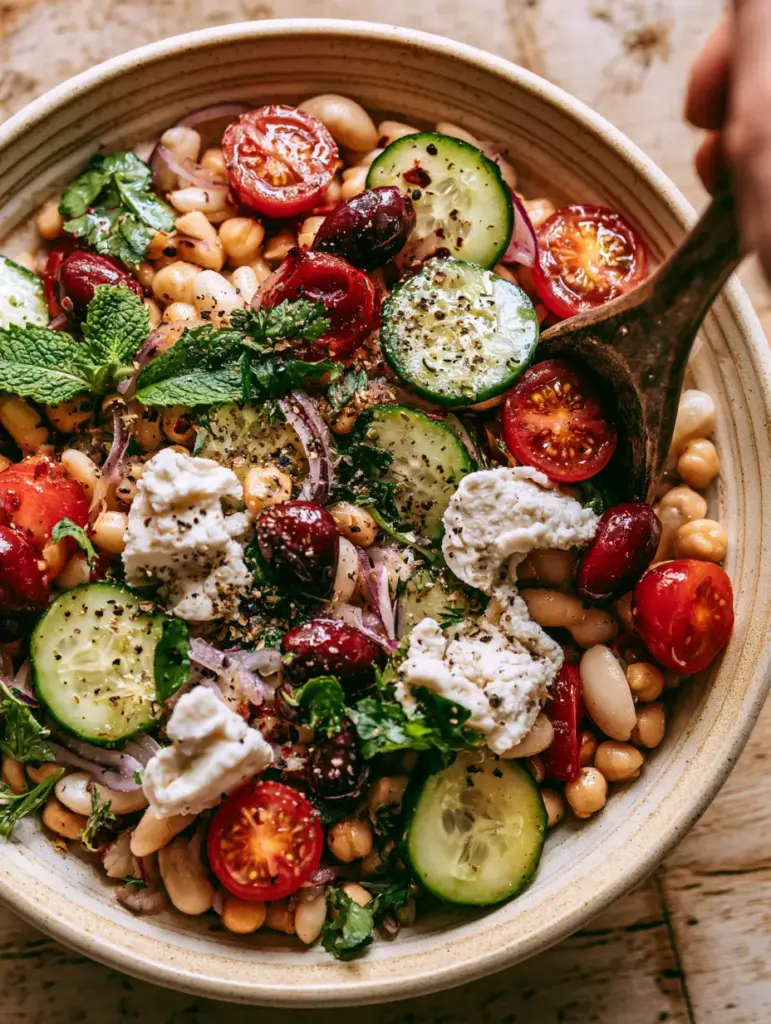 Overhead view of a Greek bean salad showing translucent red onion slivers and fresh mint leaves.