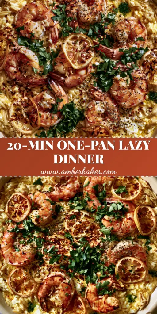 An overhead high-angle shot of Lemon Feta Orzo Shrimp in a rustic matte cream ceramic pan, featuring seared jumbo shrimp and caramelized lemon wheels.