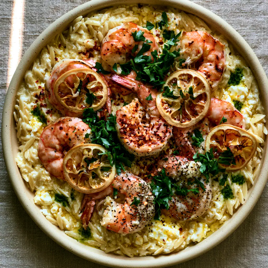 A rustic presentation of Lemon Feta Orzo Shrimp garnished with caramelized lemon slices and emerald herb oil on a linen background.