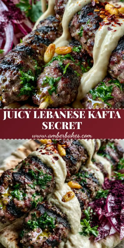 A vertical extreme close-up of three juicy Lebanese beef kafta skewers with dark grill marks on charred pita, drizzled with creamy ivory tahini and topped with sumac onions and pine nuts. (Lebanese Kafta)