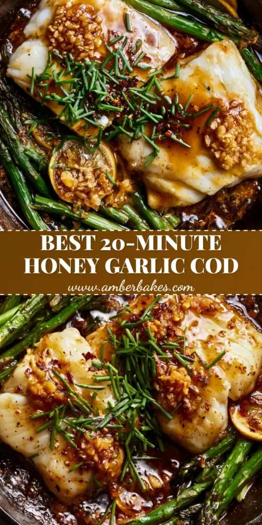 A top-down macro shot of a seasoned cast iron skillet containing two thick fillets of baked honey garlic cod with asparagus and caramelized lemons.