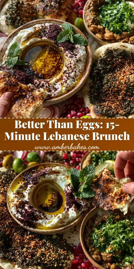 A vibrant Lebanese breakfast spread featuring za'atar manakish, creamy labneh with olive oil, and foul mudammas garnished with pomegranate seeds. (Lebanese Breakfast Dishes)
