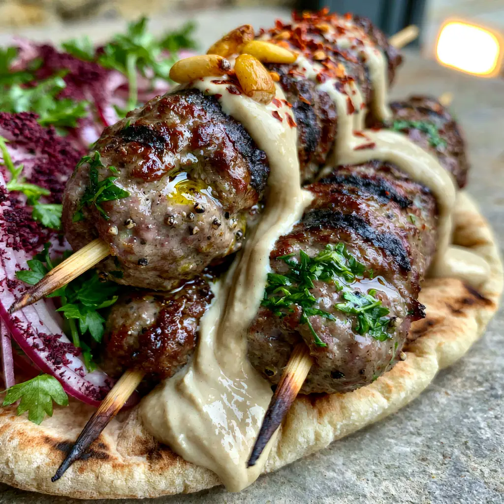 Close-up of creamy tahini sauce cascading over charred Lebanese Kafta skewers with golden toasted pine nuts and red pepper flakes.