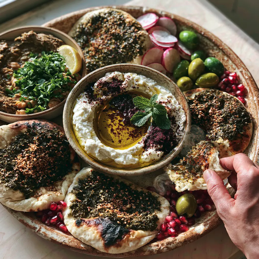 Traditional Lebanese breakfast spread on a rustic table featuring foul mudammas, green olives, and fresh mint. (Lebanese Breakfast Dishes)