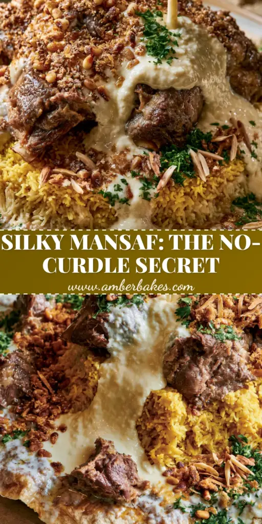 A top-down platter of Jordanian Mansaf featuring golden turmeric rice, braised lamb, and a thick stream of white jameed sauce garnished with pine nuts. (Mansaf recipe)