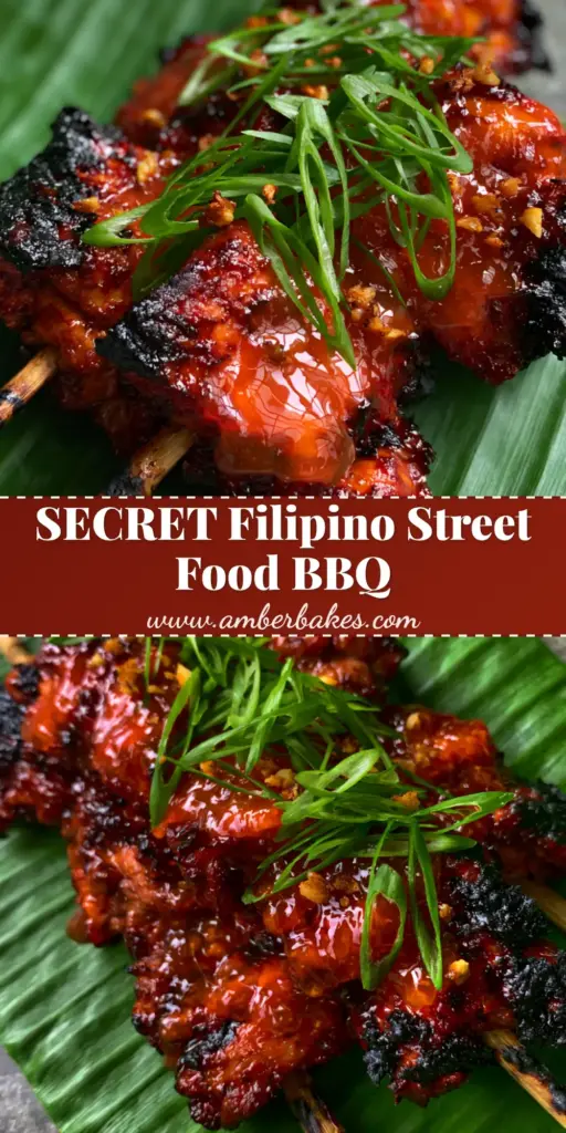 A top-down view of glistening Filipino chicken barbecue skewers on a green banana leaf, topped with scallions and garlic.
