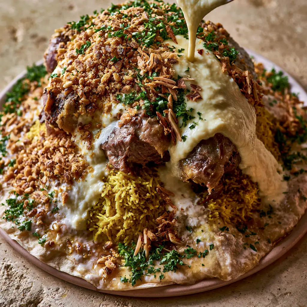 Overhead view of a large platter of Mansaf featuring toasted almonds, fried pine nuts, and fresh parsley garnish. (Mansaf recipe)
