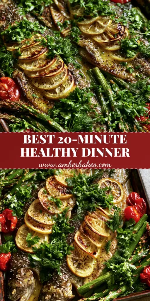 A rustic dark baking sheet featuring two large baked rainbow trout fillets glistening with garlic butter, shingled charred lemons, asparagus, and blistered tomatoes.