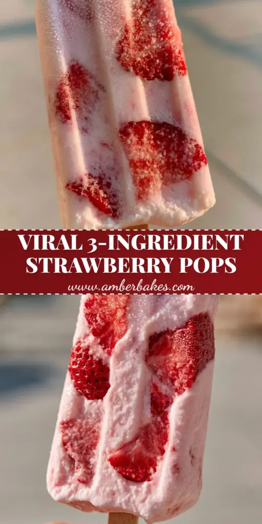 A close-up of vertical frozen yogurt pops with visible strawberry slices and frost crystals being held outdoors. (frozen yogurt pops)