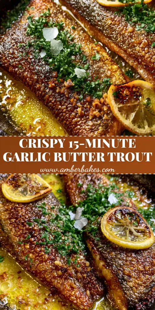 Two large pan seared rainbow trout fillets in a black cast iron skillet with crispy blistered skin and charred lemon wheels.