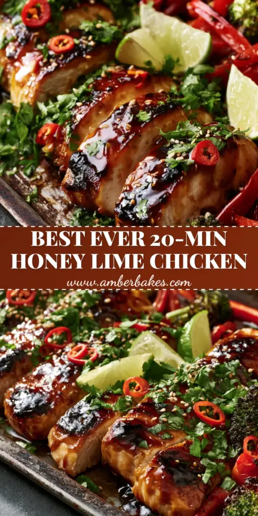 A dark metal sheet pan filled with sliced Spicy Honey-Lime Chicken featuring a mahogany glaze, charred broccoli, and red peppers, garnished with cilantro and lime wedges.