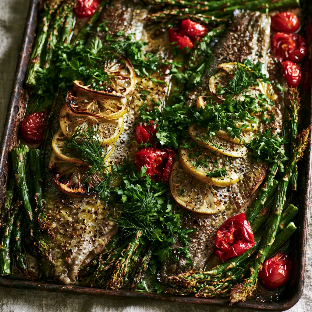 Close up of flaky baked rainbow trout texture with a heavy garnish of fresh parsley, dill, and cracked black pepper.