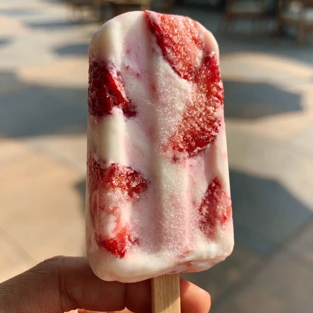 A hand holding a pale pink strawberry froyo pop against a sun-drenched patio background.