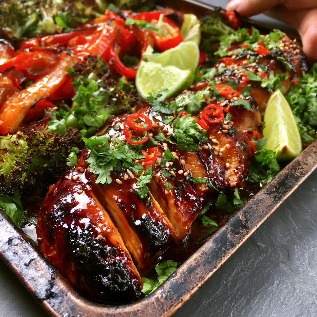 Close-up of Spicy Honey-Lime Chicken slices showing a thick, shimmering glaze and charred edges on a dark metal tray.