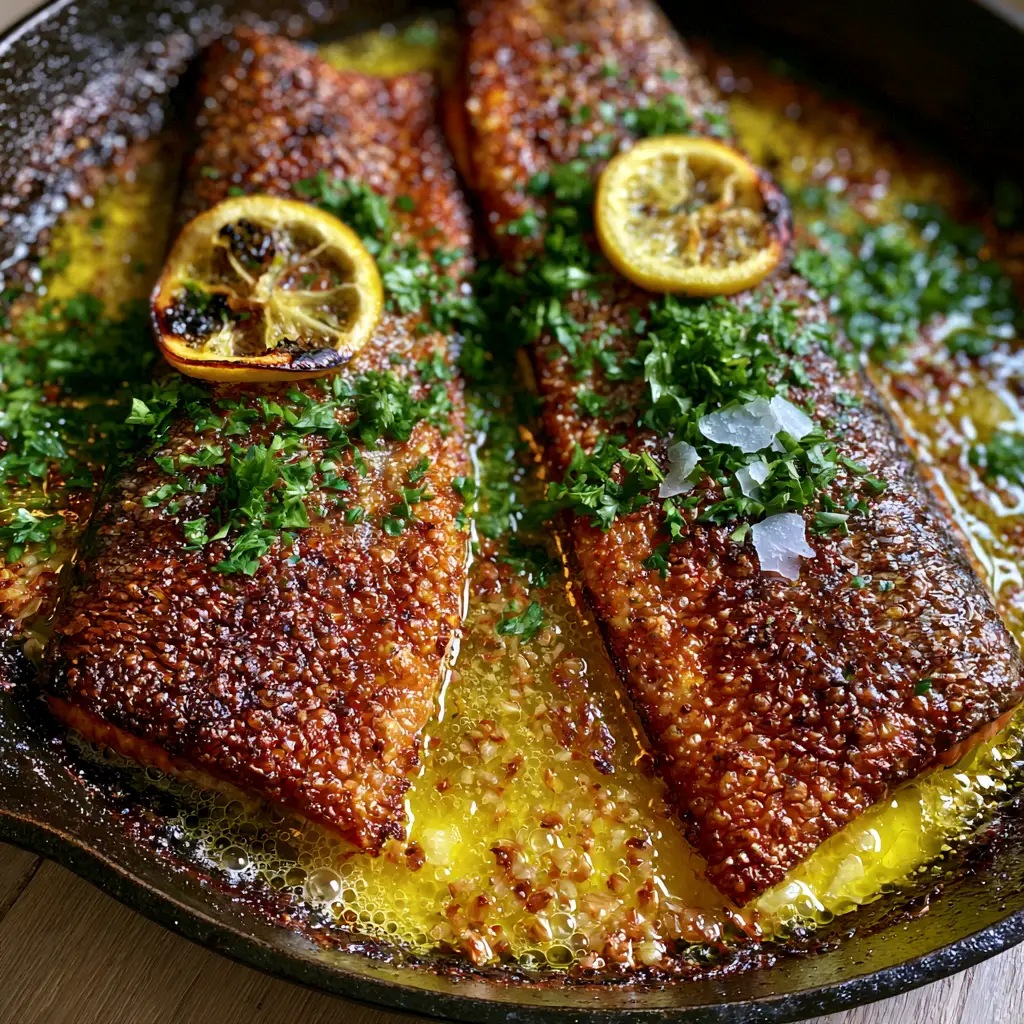 Close up of exceptionally crispy and blistered trout skin with toasted garlic and fresh parsley garnish.