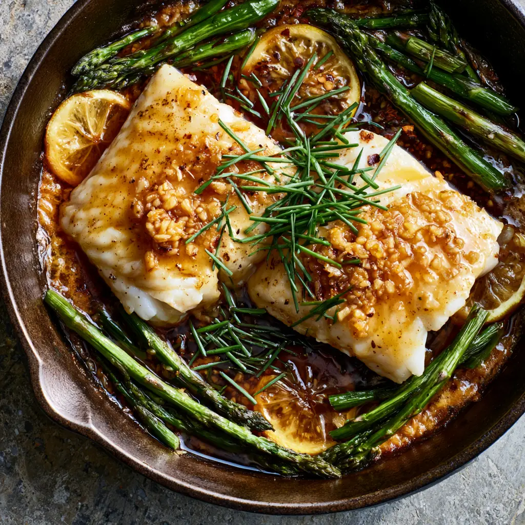 High gloss visual of two baked honey garlic cod fillets in a skillet surrounded by charred asparagus spears.