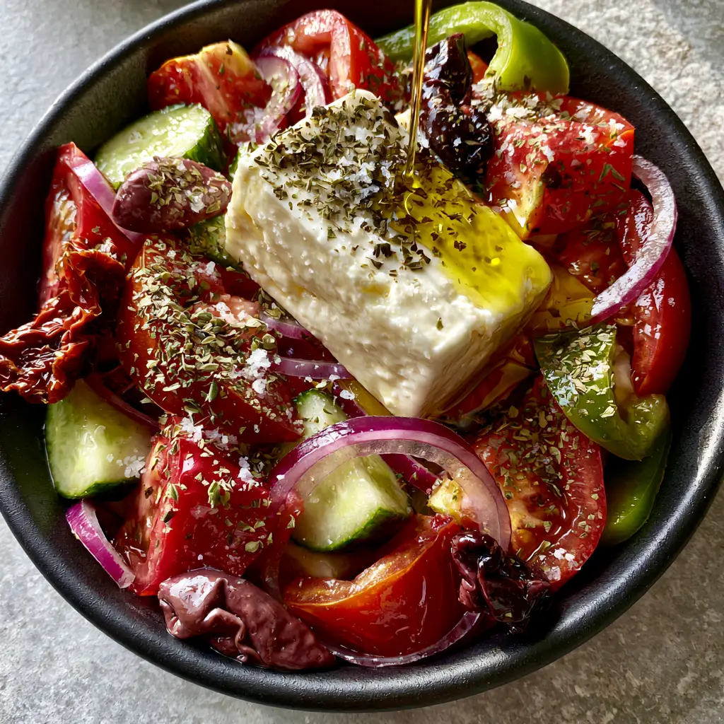 Top-down view of a Greek Salad with a whole block of feta cheese topped with dried oregano and coarse sea salt.
