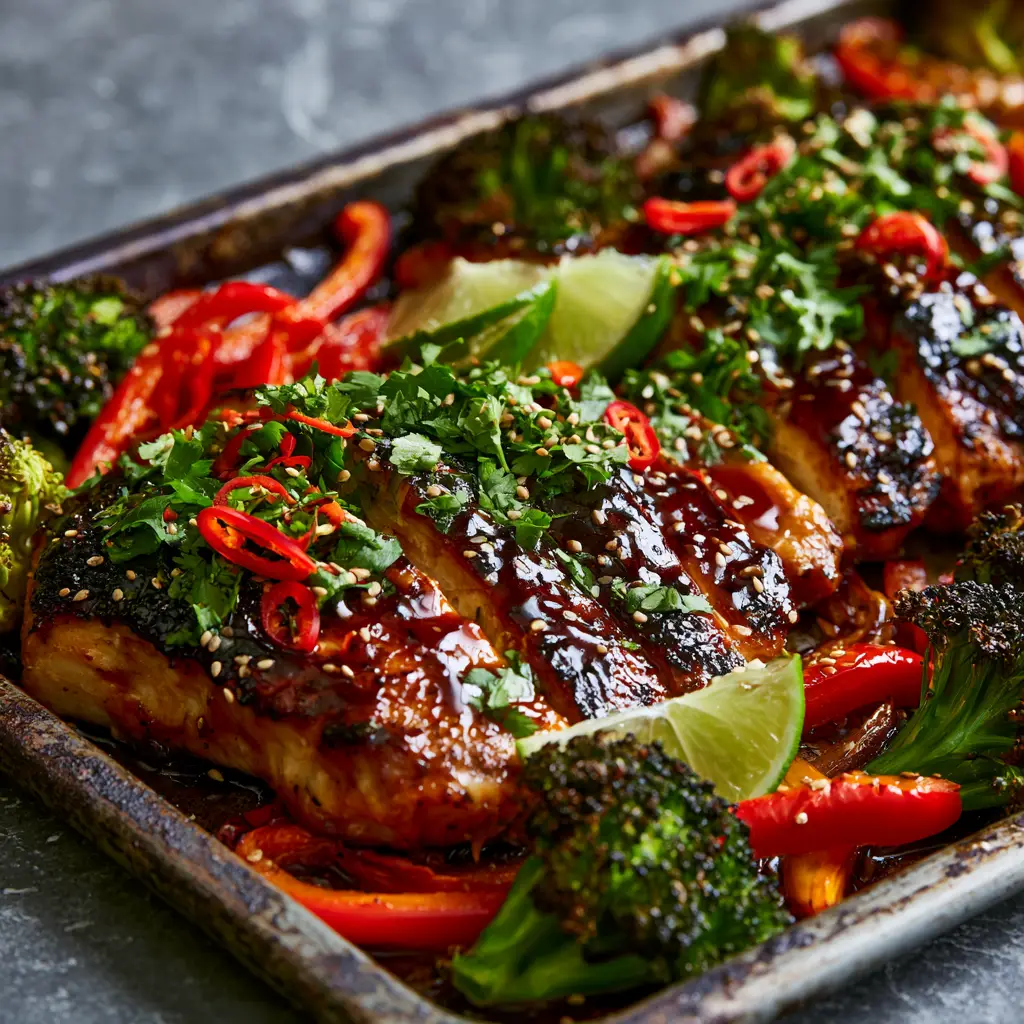 Macro shot of charred broccoli florets and red pepper strips alongside Spicy Honey-Lime Chicken garnished with sesame seeds.