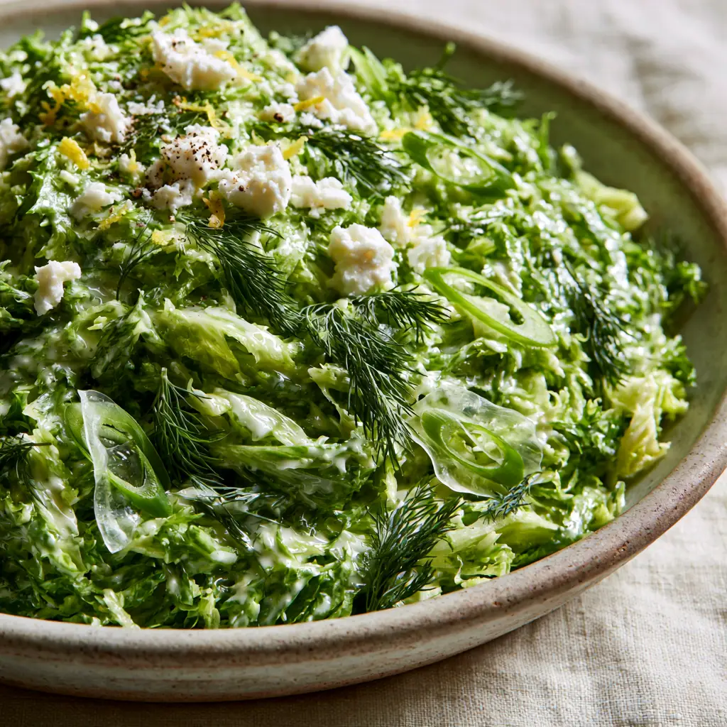 Eye-level shot of a Maroulosalata mountain featuring translucent scallions, feta crumbles, and cracked black pepper.