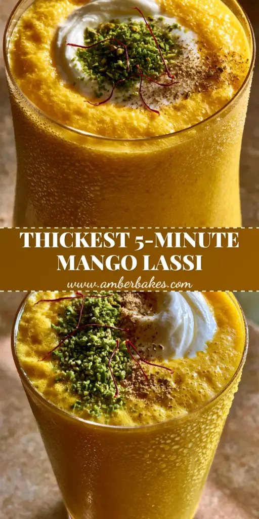 A tall glass of thick mango lassi with a Greek yogurt swirl, topped with pistachios and saffron threads, featuring condensation on the glass. (mango lassi)