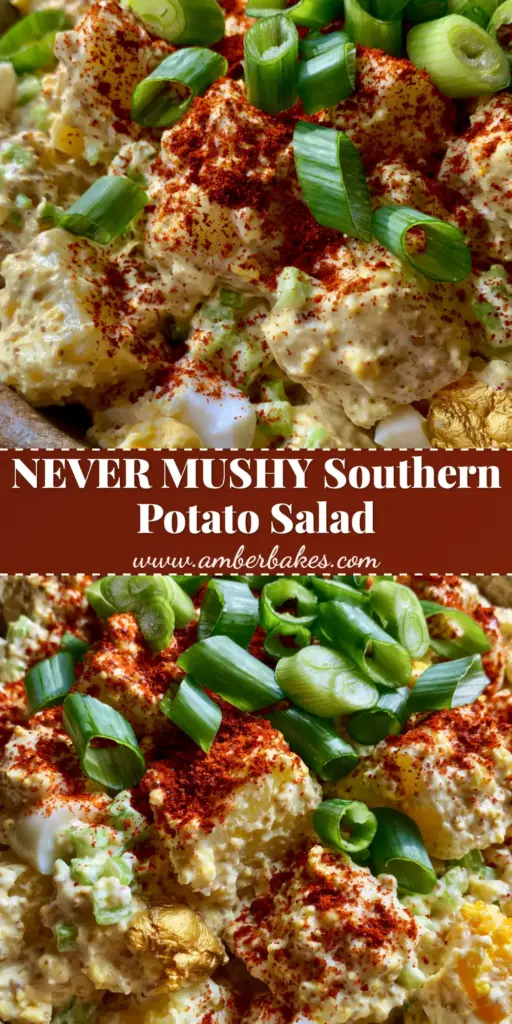 A top-down view of Southern Potato Salad in a rustic bowl with vibrant smoked paprika and fresh scallions.