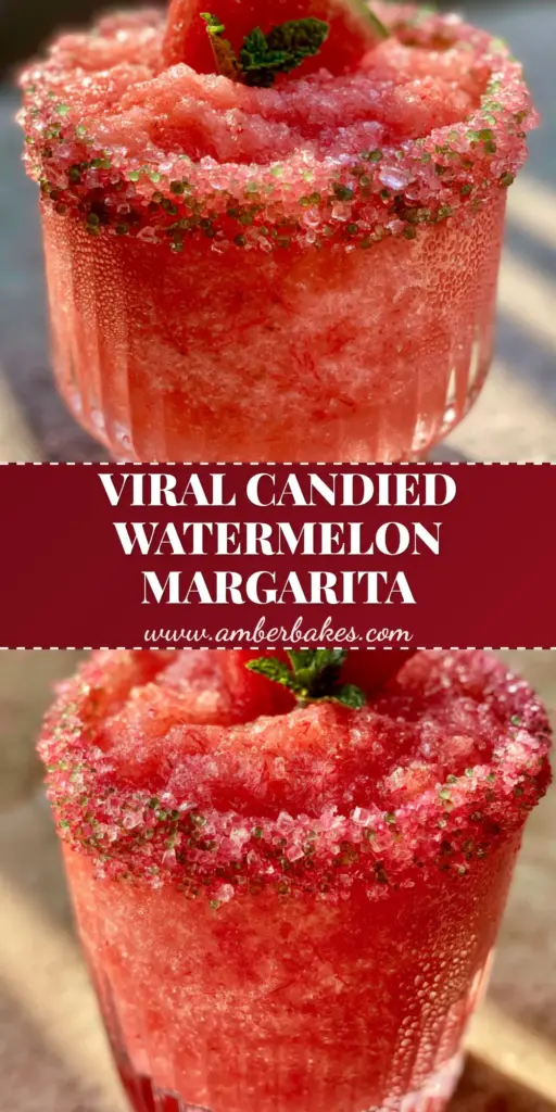 A handheld photo of a vibrant pink Candied Watermelon Margarita in a ribbed glass with a thick pink and green sugar rim, garnished with mint and a watermelon wedge.