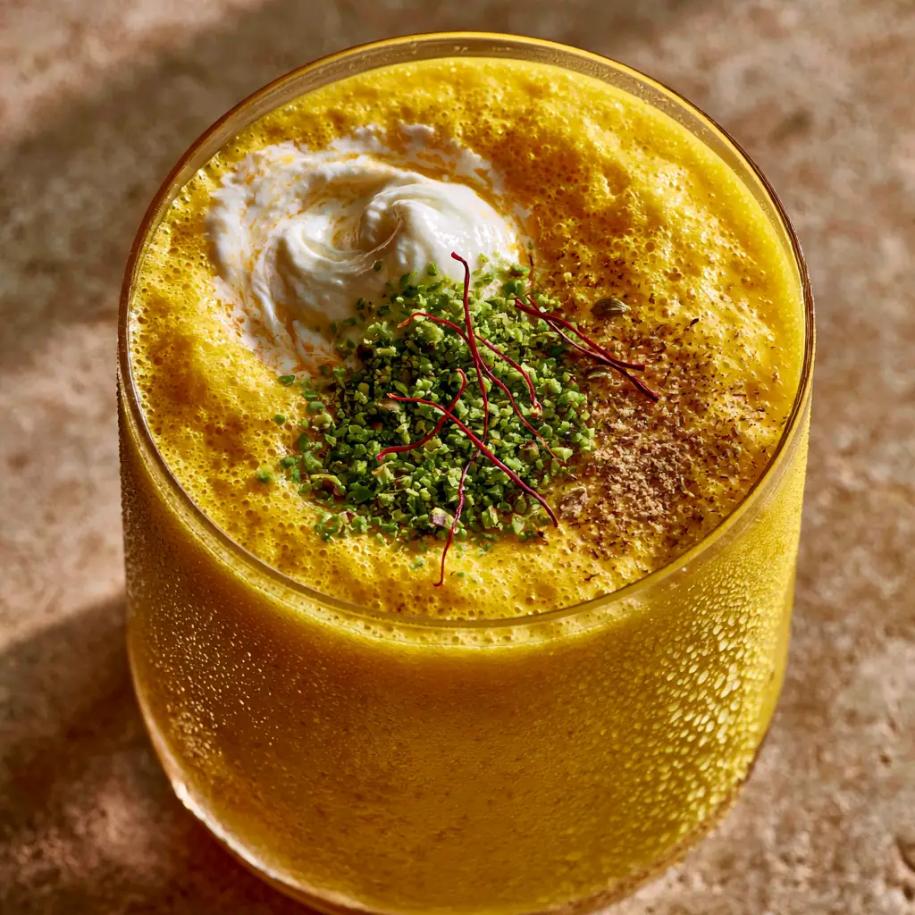 Extreme close-up of frothy mango lassi surface with white yogurt swirl and green pistachios. (mango lassi)