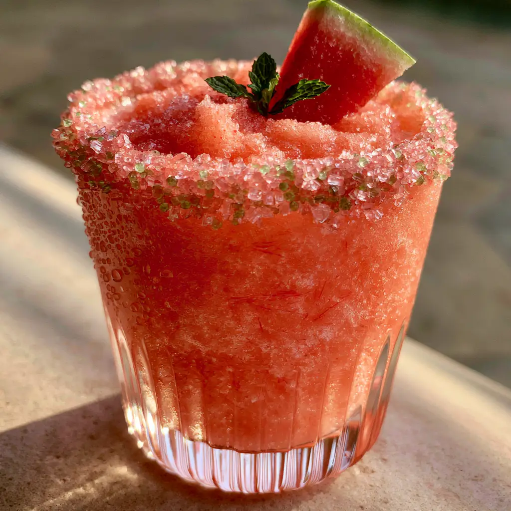 Close up of a frozen Candied Watermelon Margarita showing the thick frosty slush, fruit fibers, and crystalline sugar rim in golden hour light.
