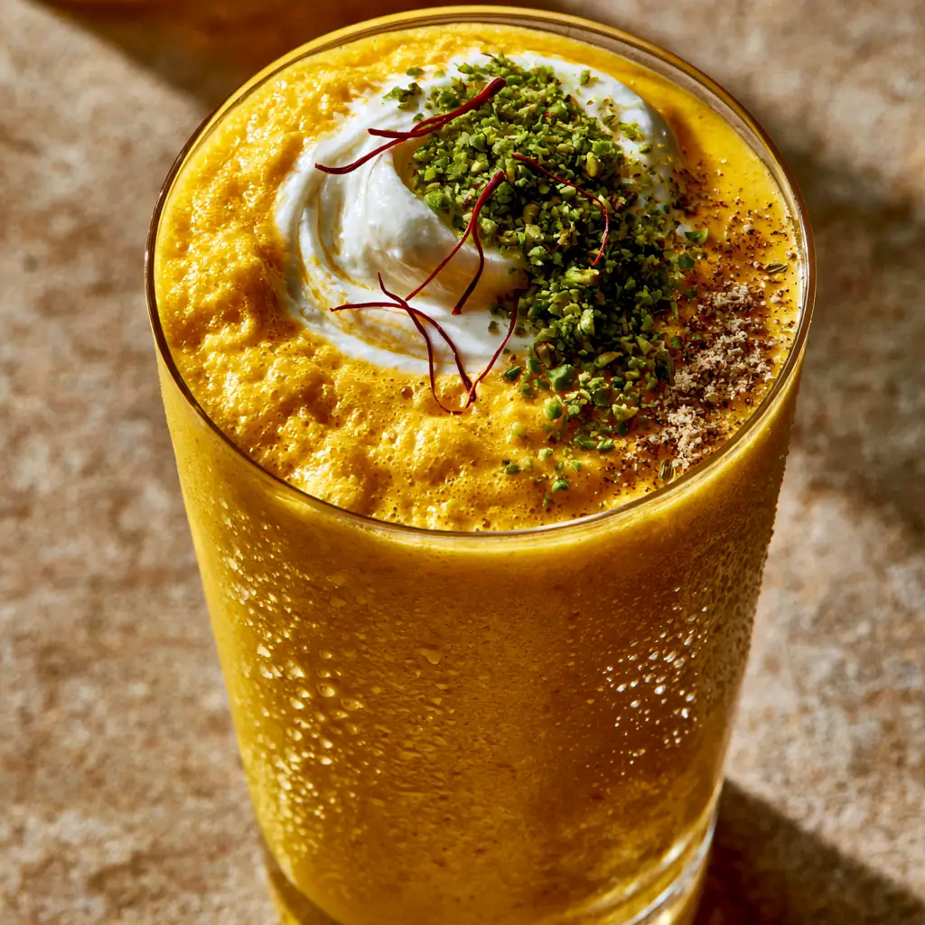 Handheld smartphone photo of a vibrant saffron-yellow mango lassi in a chilled glass.