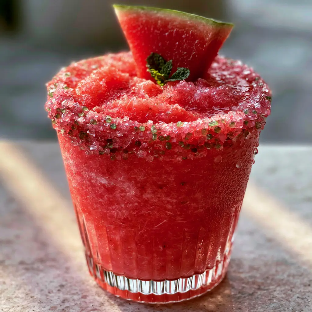 Modern ribbed glass filled with a pink Candied Watermelon Margarita cocktail, featuring condensation droplets and a sparkling sugar rim on a stone patio.