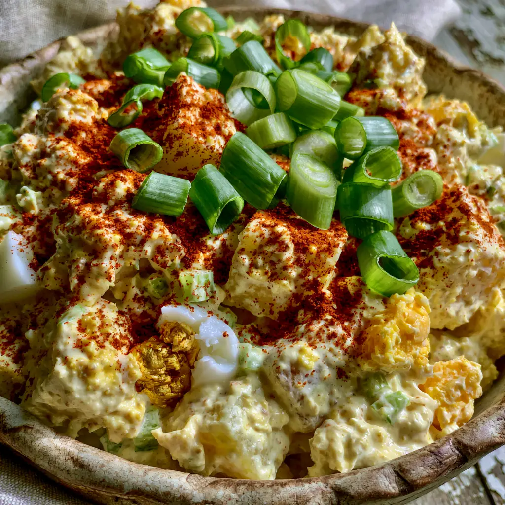 Detailed view of the vibrant red smoked paprika and green scallion garnish on a Southern Potato Salad.