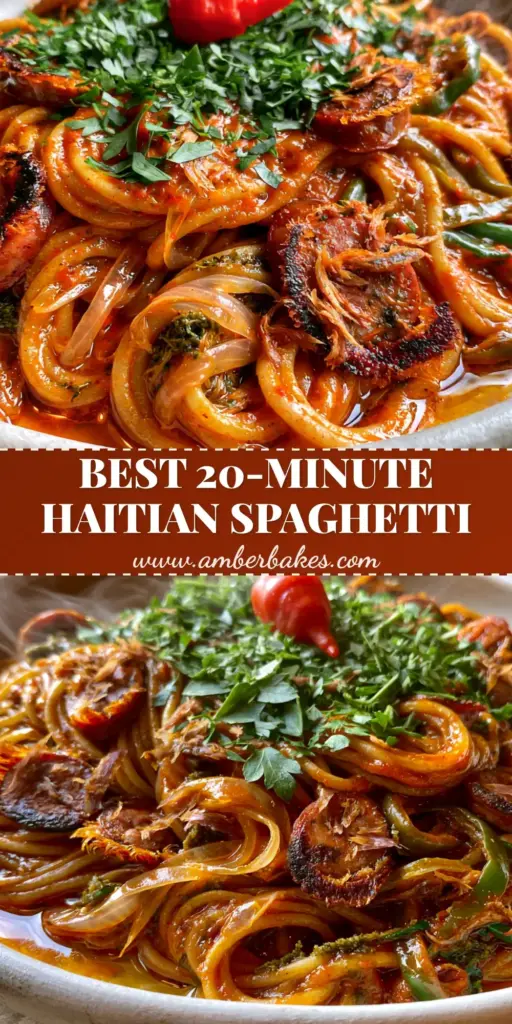 A steaming plate of authentic Haitian Spaghetti with seared sausages, smoked herring flakes, and a whole red scotch bonnet pepper garnish. (Haitian Spaghetti)