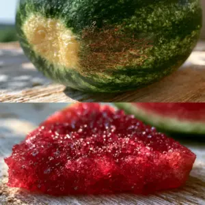 Whole premium watermelon showing dark green stripes and prominent brown sugar webbing on the rind. (picking a watermelon)