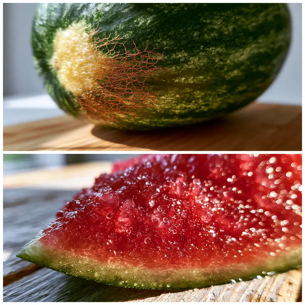 Extreme close-up of a triangular watermelon slice with ruby-red crystalline texture and water droplets.