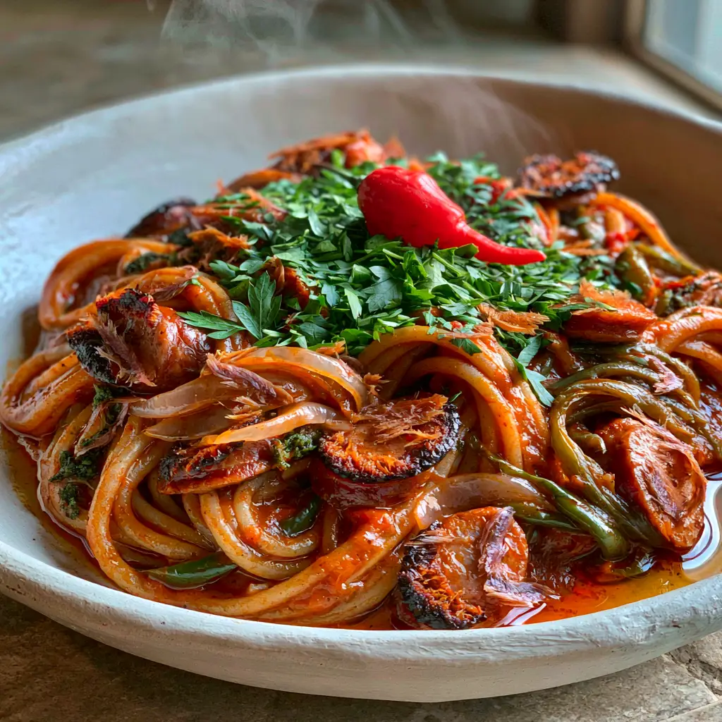 Sautéed green bell peppers and translucent onion slivers mixed with Haitian spaghetti in a matte white ceramic bowl. (Haitian Spaghetti)