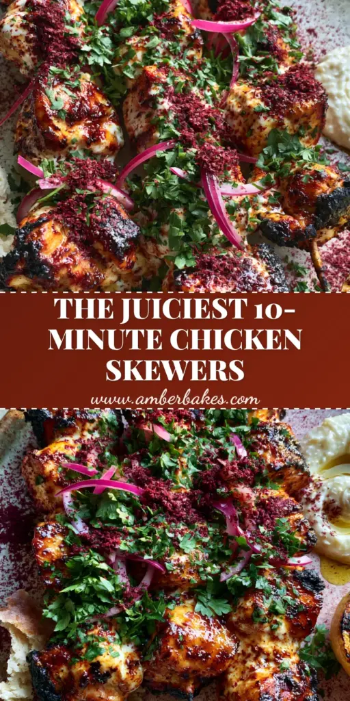 A close-up of three parallel Middle Eastern chicken skewers with charred edges, sumac dusting, and toum garlic sauce on a ceramic plate.