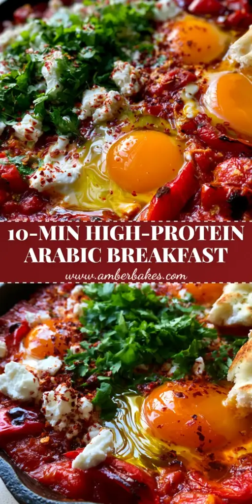 A top-down view of a cast iron skillet containing Shakshuka with runny egg yolks, feta, and cilantro, representing traditional Arabic breakfast recipes.