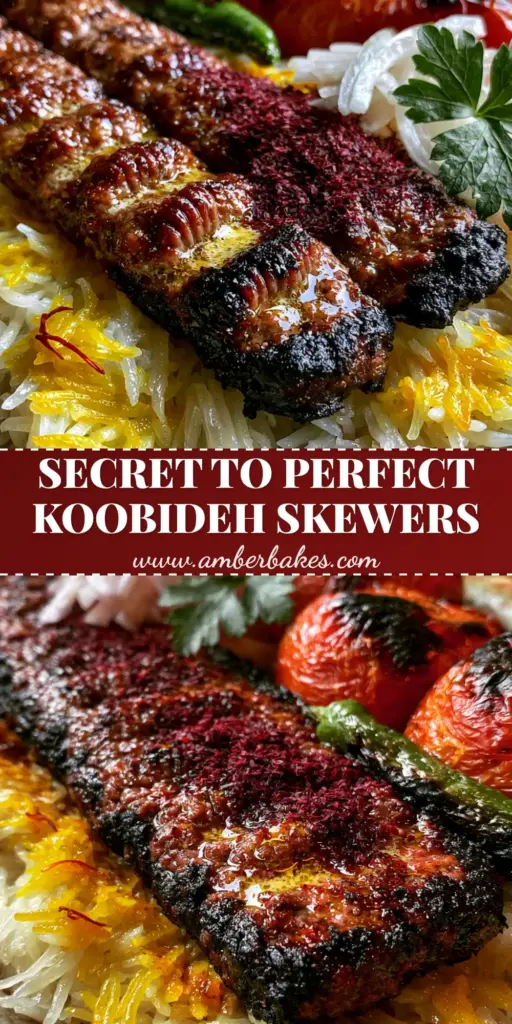 Kebab Koobideh: The Ultimate Guide to Juicy Persian Ground Beef Skewers 4 Two long, flat Kebab Koobideh skewers with finger-pressed ripples served over saffron rice with blistered tomatoes. (Kebab Koobideh)