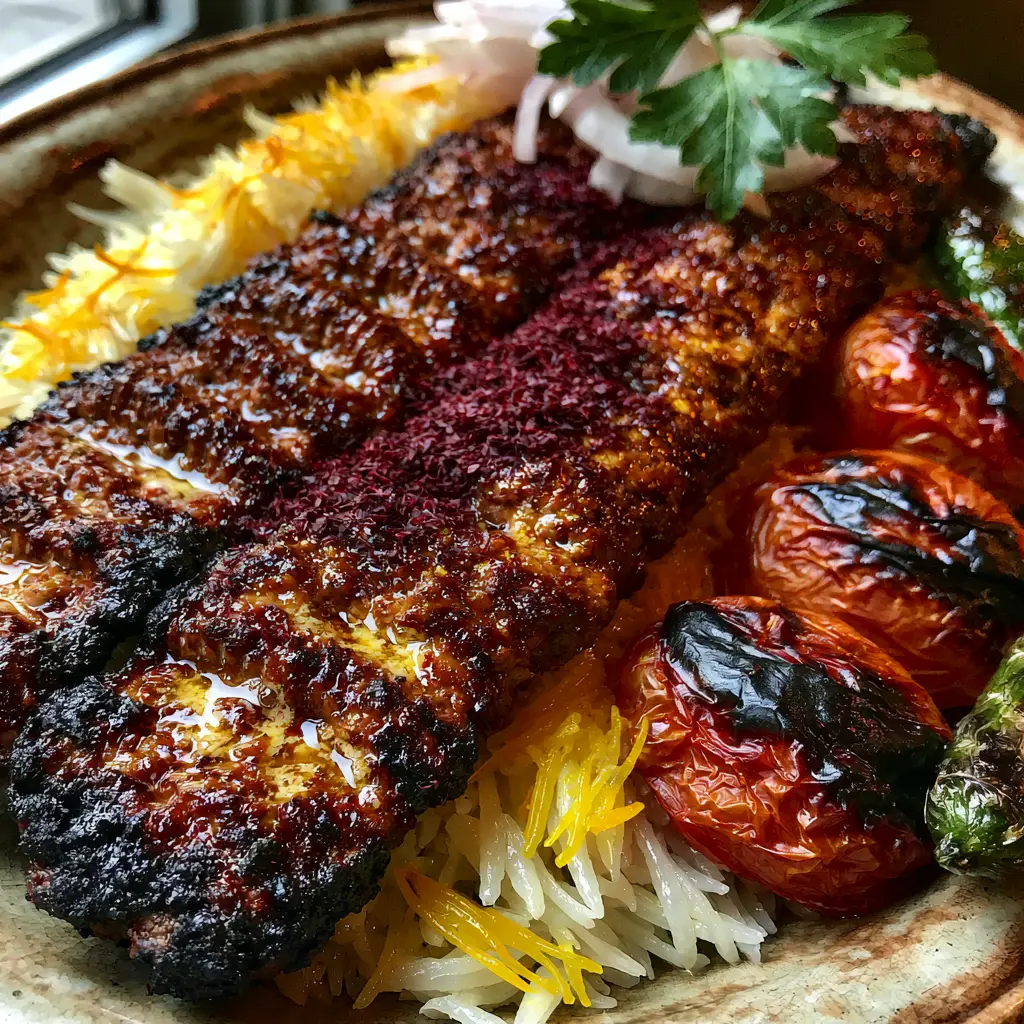 Kebab Koobideh: The Ultimate Guide to Juicy Persian Ground Beef Skewers 2 Extreme close up of charred Kebab Koobideh meat texture with glistening juices and sumac powder. (Kebab Koobideh)