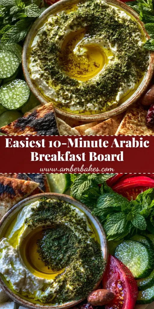 A vibrant top-down view of an Arabic breakfast board with labneh, za'atar, heirloom tomatoes, and charred pita bread on a marble surface.
