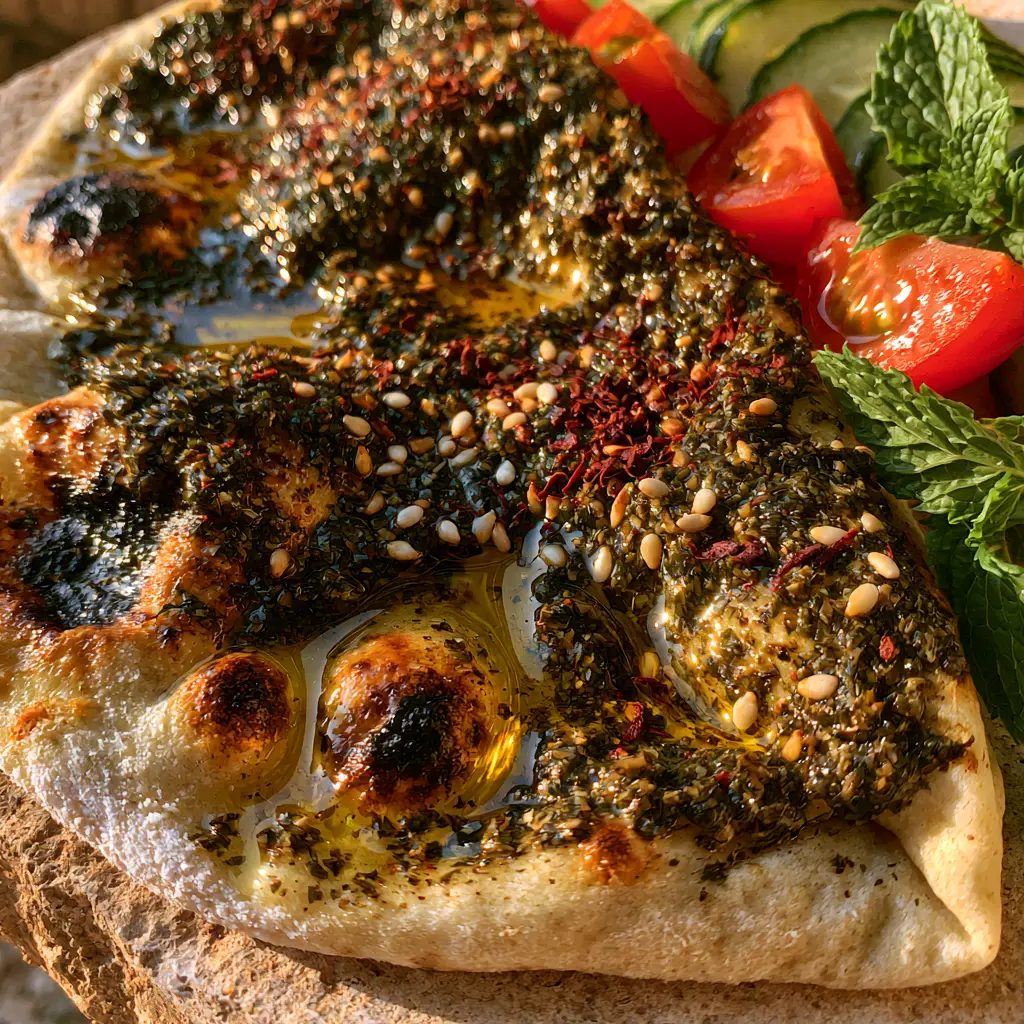 Manakeesh served on a rustic stone background with fresh mint sprigs, cucumber ribbons, and cherry tomatoes.