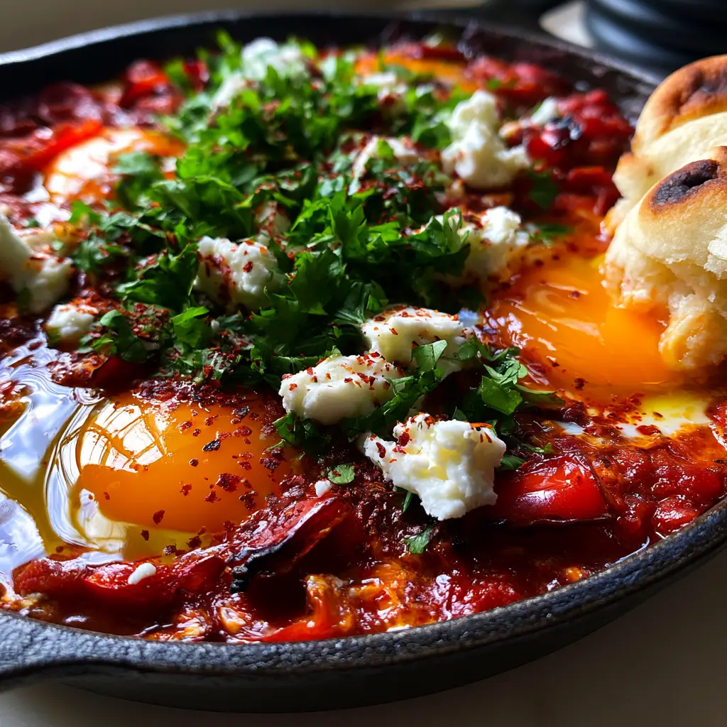 A close-up of grilled pita bread dipping into a runny egg yolk in a skillet of Shakshuka. (Arabic breakfast recipes)