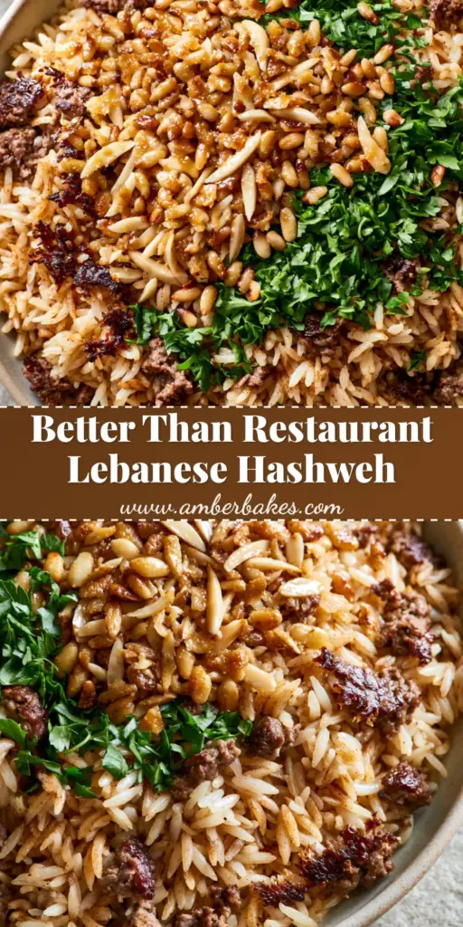 A shallow ceramic bowl overflowing with Lebanese Hashweh, featuring fluffy long-grain basmati rice, crispy seared ground beef, and a glistening layer of toasted pine nuts and almonds. (Hashweh recipe)