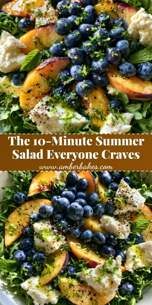 Blueberry Peach Feta Salad with Honey Lime Vinaigrette 4 A top-down view of a Blueberry Peach Feta Salad in a white bowl with charred peaches, blueberries, and mint leaves on a stone countertop.