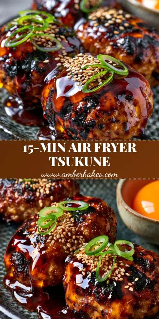 Three glistening Chicken Tsukune skewers with dark amber glaze and sesame seeds on a dark plate. (Chicken Tsukune)