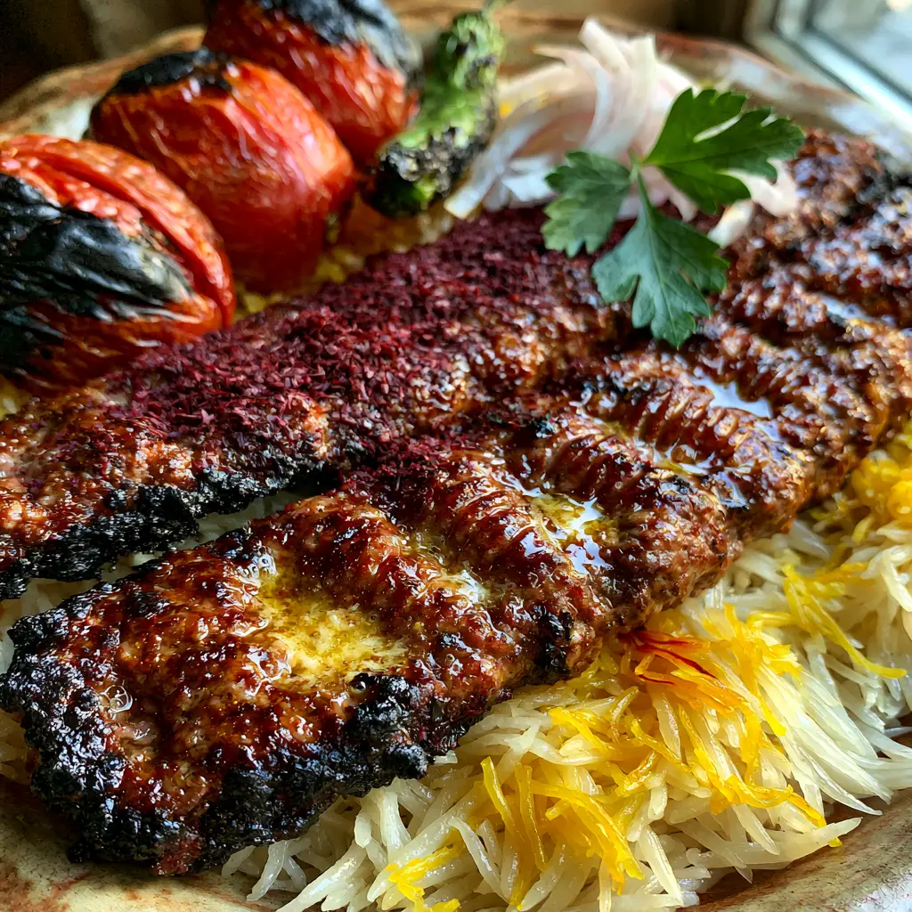 Kebab Koobideh: The Ultimate Guide to Juicy Persian Ground Beef Skewers 1 A rustic plate featuring Kebab Koobideh, saffron-stained rice, charred serrano pepper, and raw white onions.