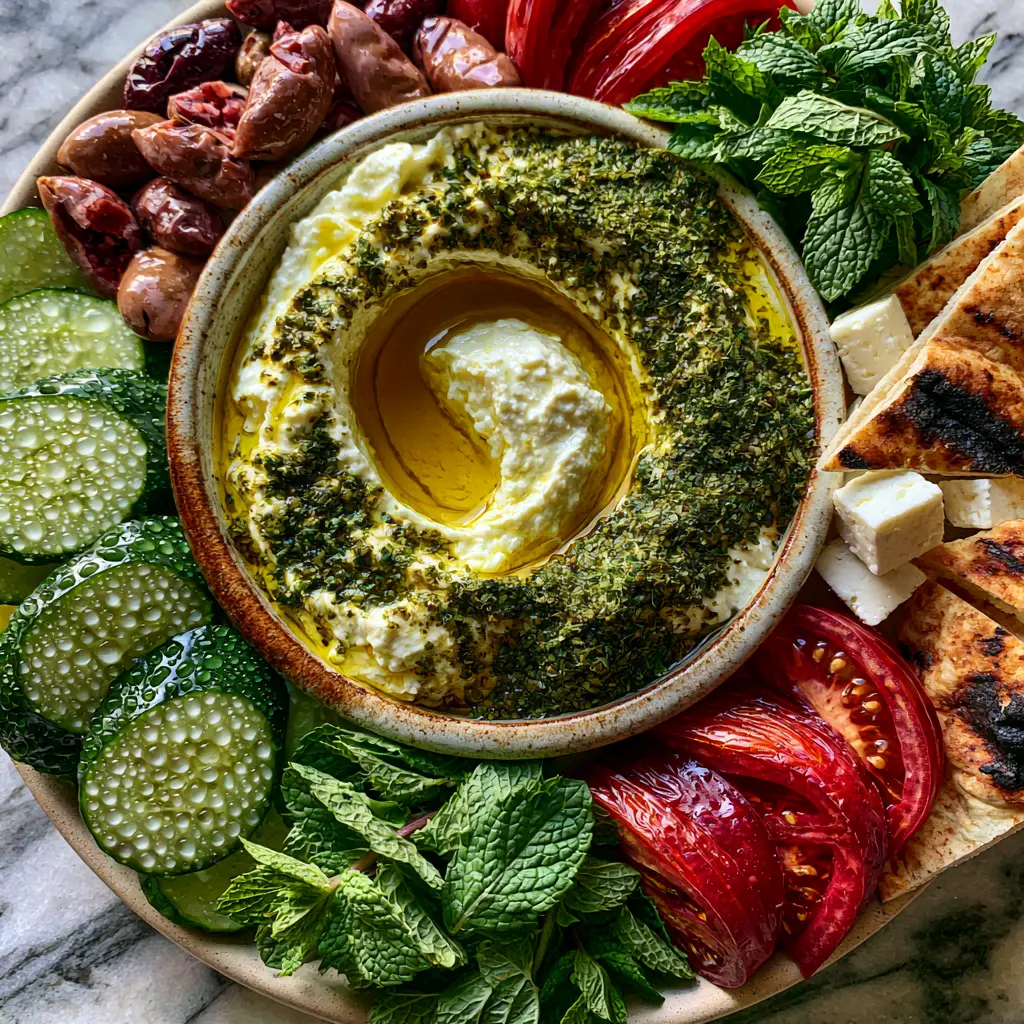 Close-up of a ceramic bowl of thick labneh with a deep well of olive oil and green za'atar (Arabic breakfast).