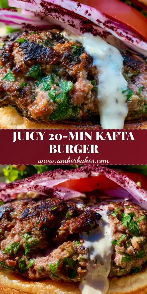 Extreme close-up of a Lebanese Kafta Burger with charred beef patty, green herb flecks, dripping tahini sauce, and sumac onions on a brioche bun.