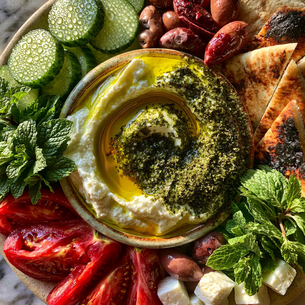Freshly charred pita bread triangles and water-beaded cucumber slices on a marble board for an Arabic breakfast.