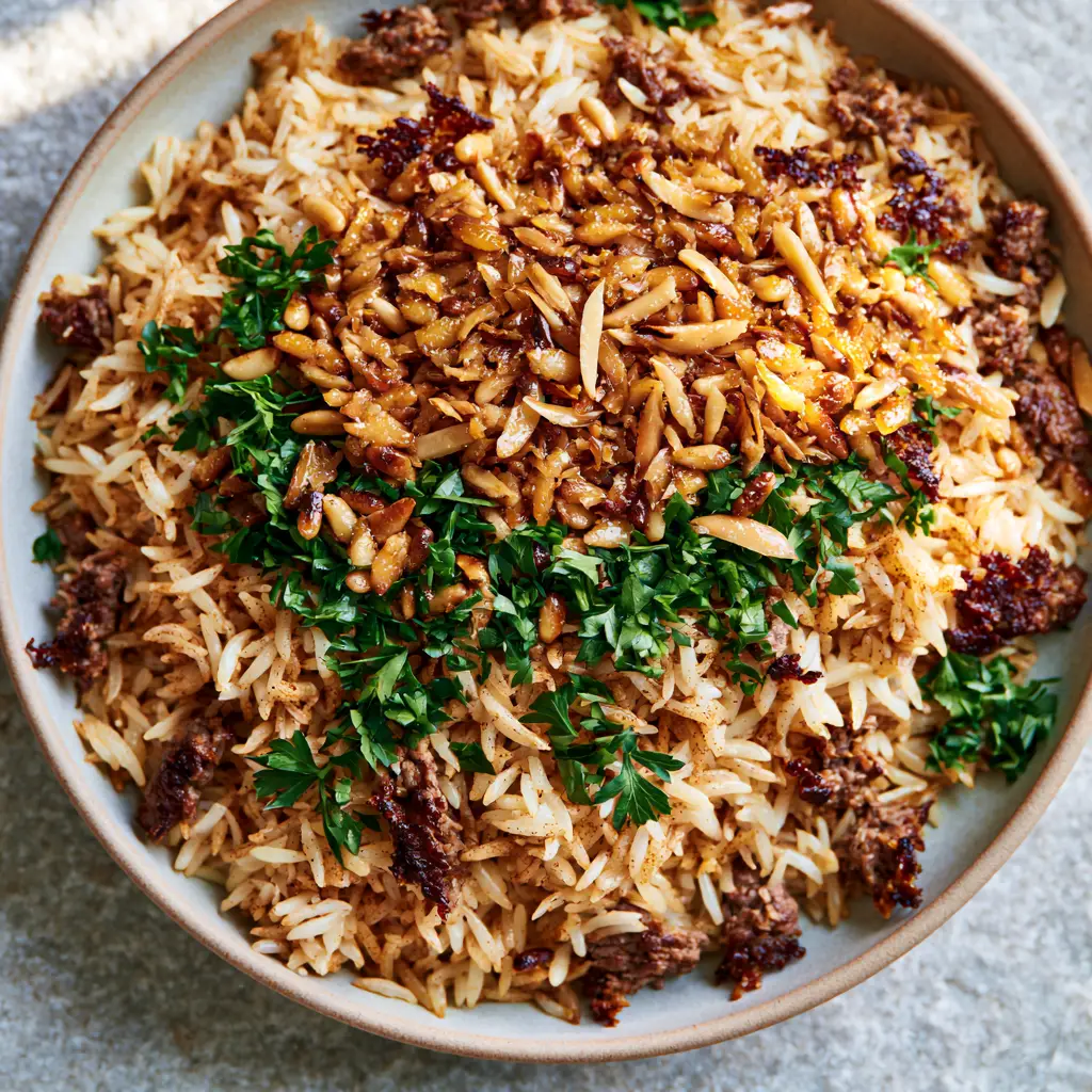 Lebanese Hashweh topped with golden toasted pine nuts, slivered almonds, and fresh parsley on a grey stone background. (Hashweh recipe)